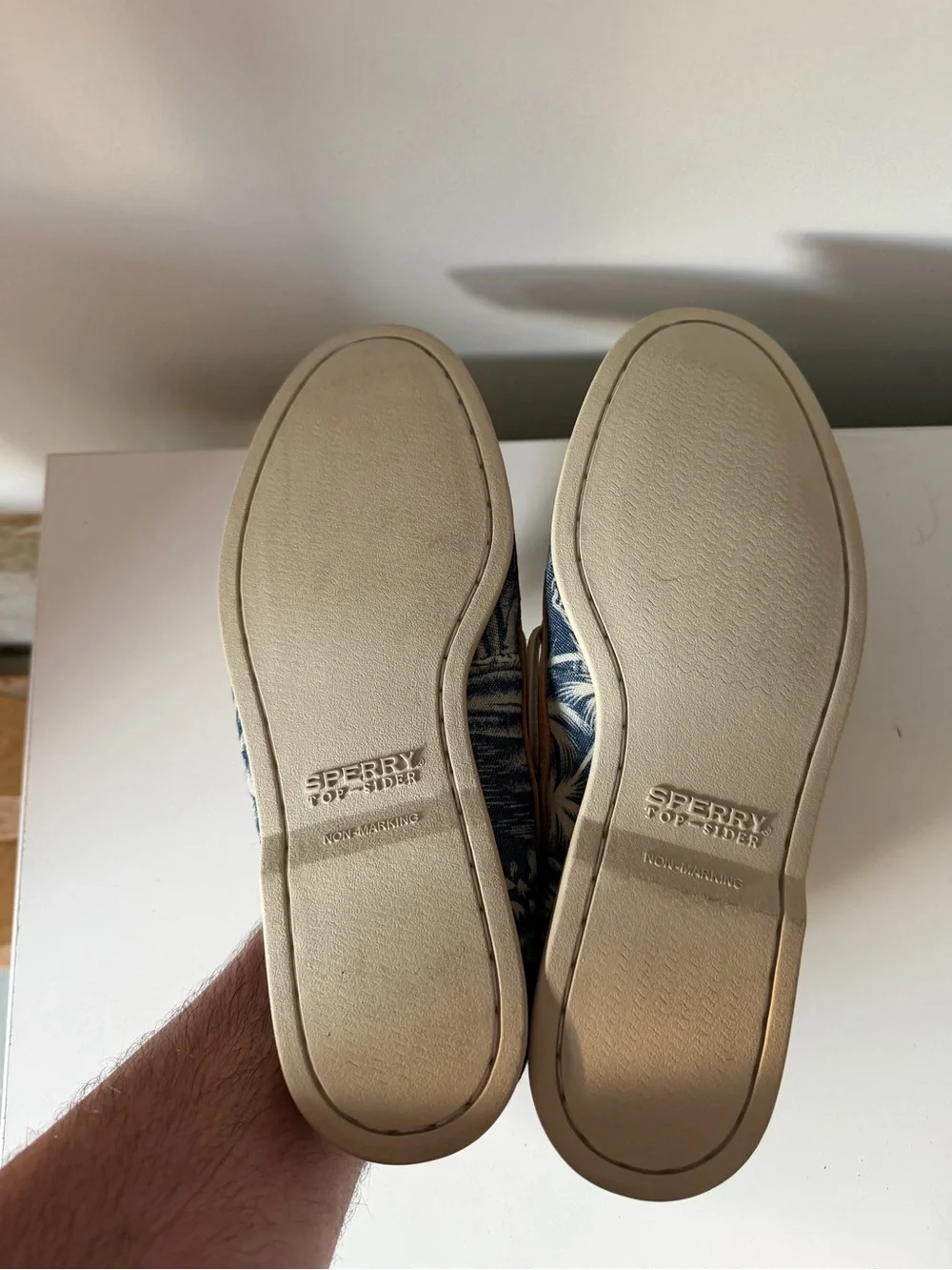 Sperry Navy Floral Canvas Boat Shoes with Tan Trim